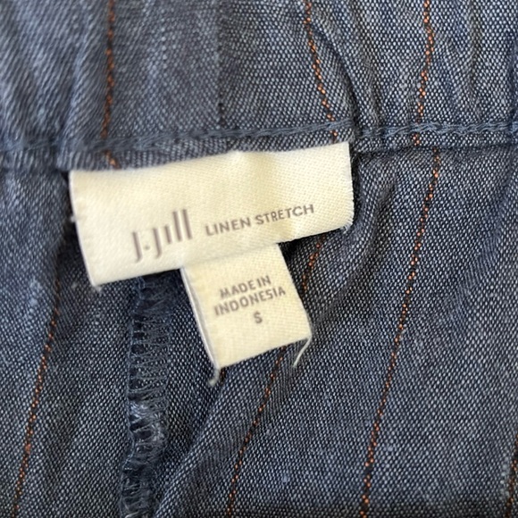J Jill Linen Stretch Blue Denim pinstriped orange Small waist tie paperbag pants - Picture 3 of 8